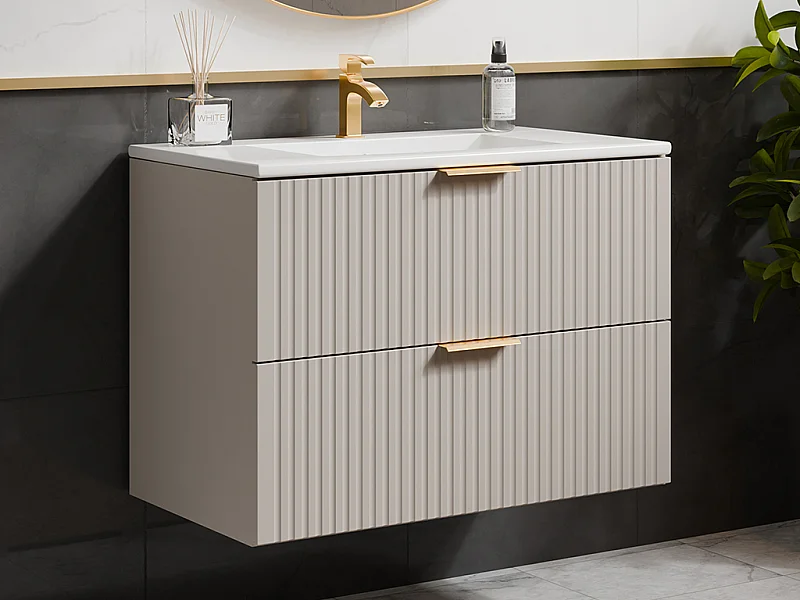 Meuble de salle de bain suspendu strié avec vasque à encastrer - Beige - 80 cm - ZEVARA