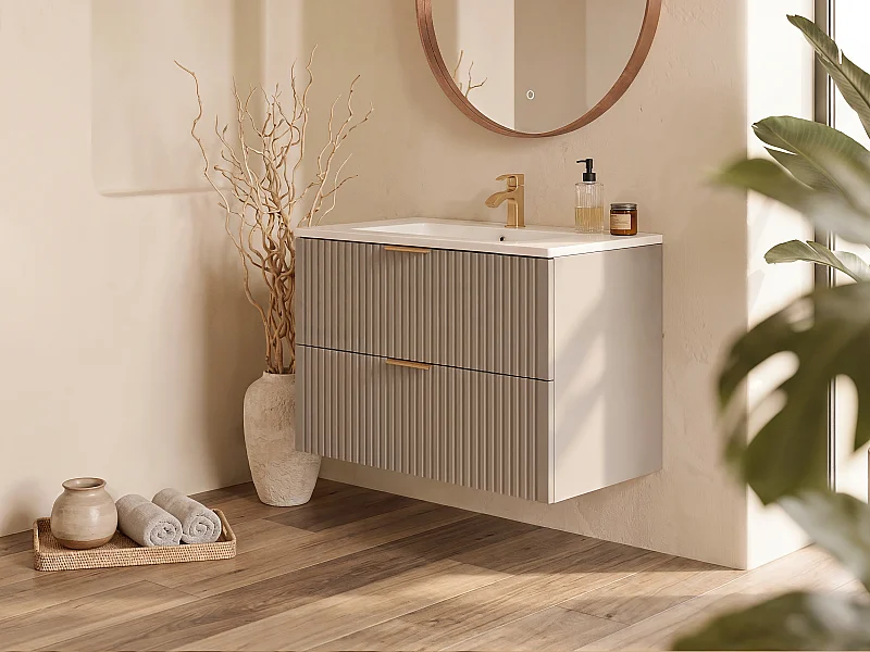 Meuble de salle de bain suspendu simple vasque avec colonne, coloris blanc, 80 cm, KAYLA