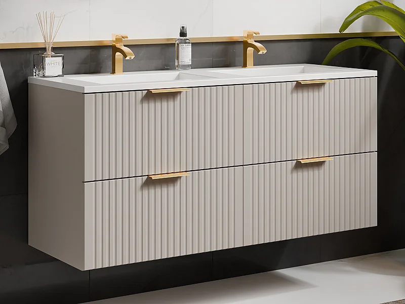 Mobile per bagno sospeso con scanalature e lavabo da incasso 120 cm Beige - ZEVARA