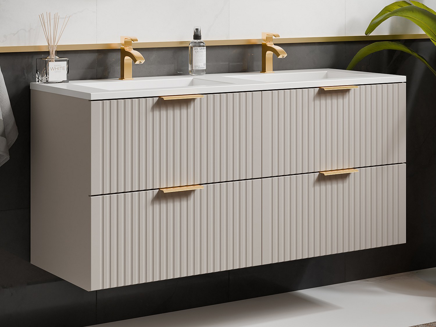 Opphengt stripete baderomsmøbel med nedfelt servant - Beige - 120 cm - ZEVARA