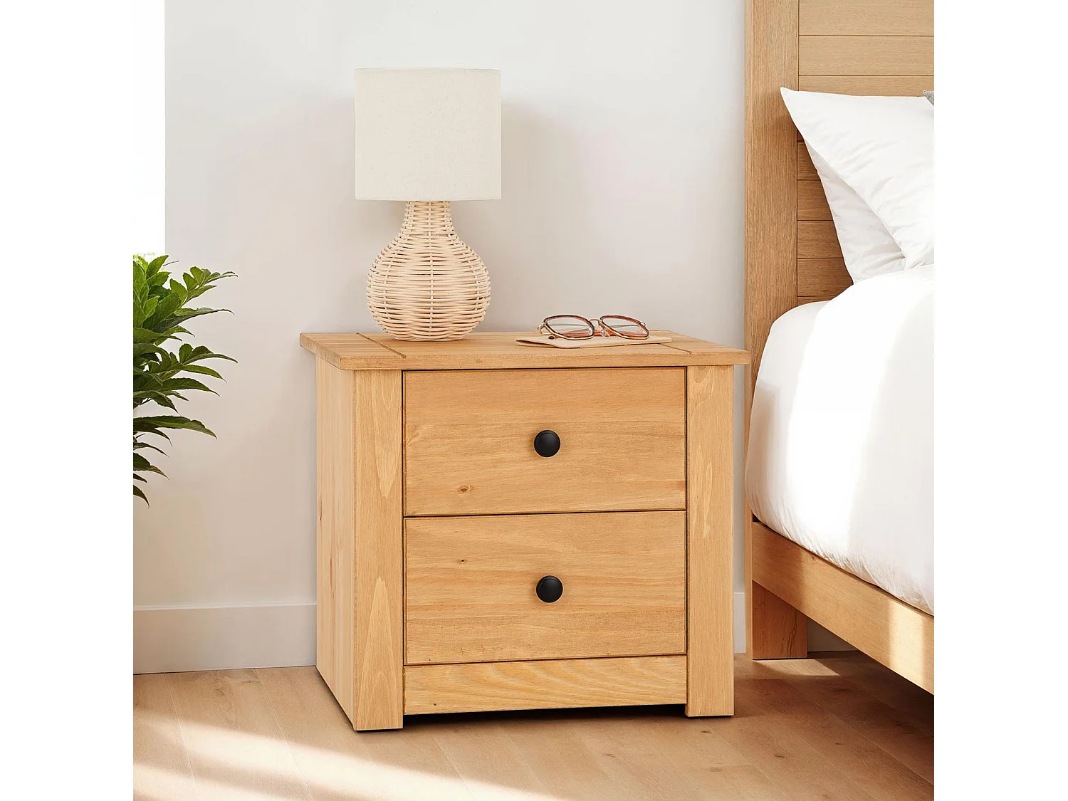 Table de chevet CANCUN H 41 cm en bois massif finition laquée avec 2 tiroirs, table de nuit meuble de rangement