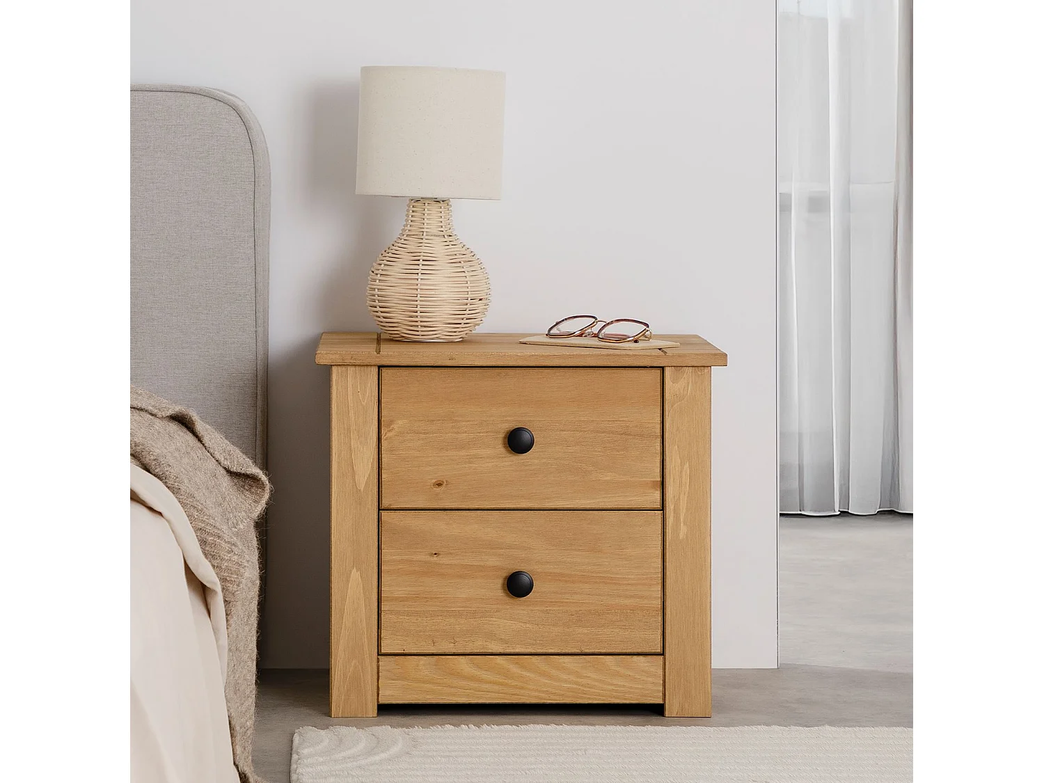 Table de chevet CANCUN H 41 cm en bois massif finition laquée avec 2 tiroirs, table de nuit meuble de rangement