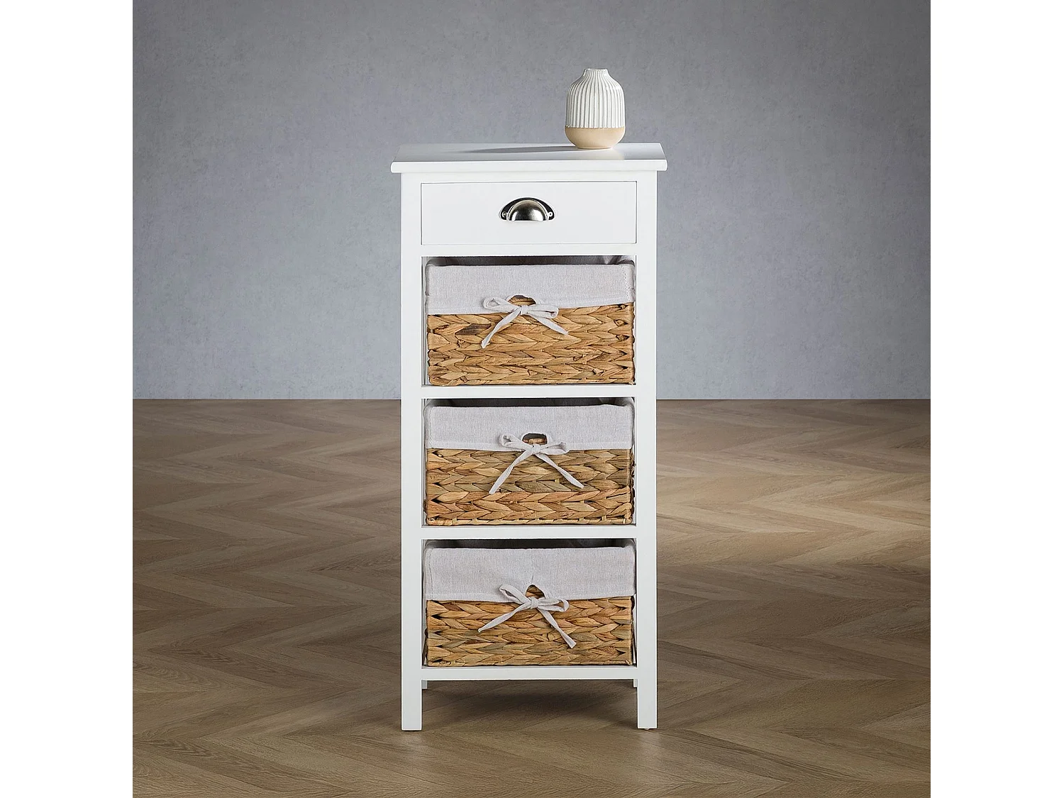 Table de chevet NUSCO table de nuit en bois lasuré blanc avec 1 tiroir et 3 paniers en fibre naturelle et insert en tissu blanc