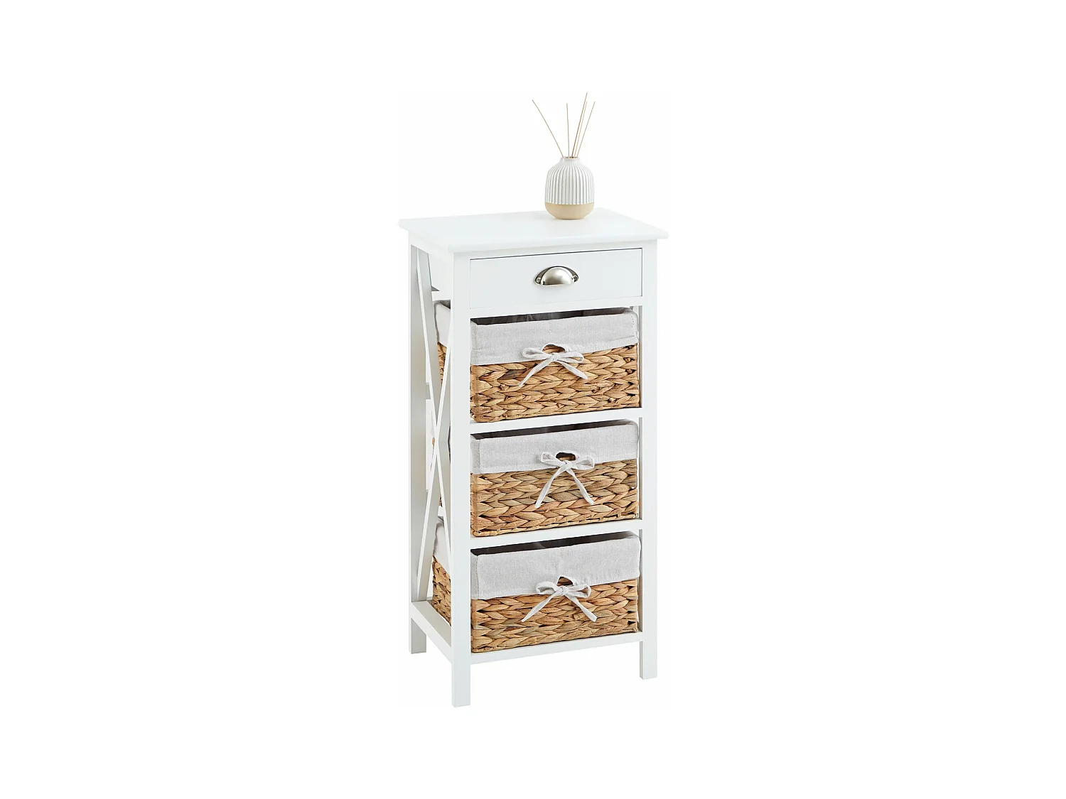 Table de chevet NUSCO table de nuit en bois lasuré blanc avec 1 tiroir et 3 paniers en fibre naturelle et insert en tissu blanc