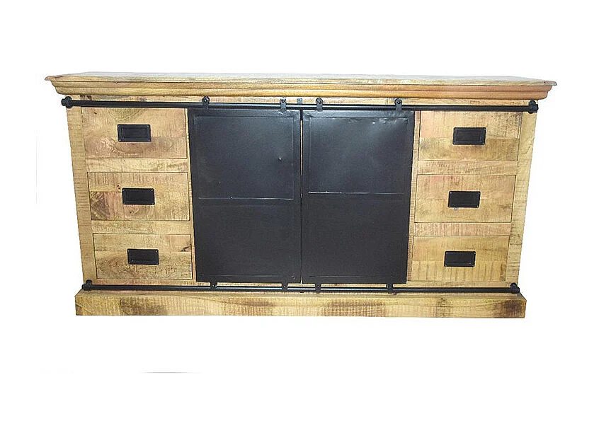 Buffet 2 portes coulissantes 6 tiroirs Dehli manguier et métal