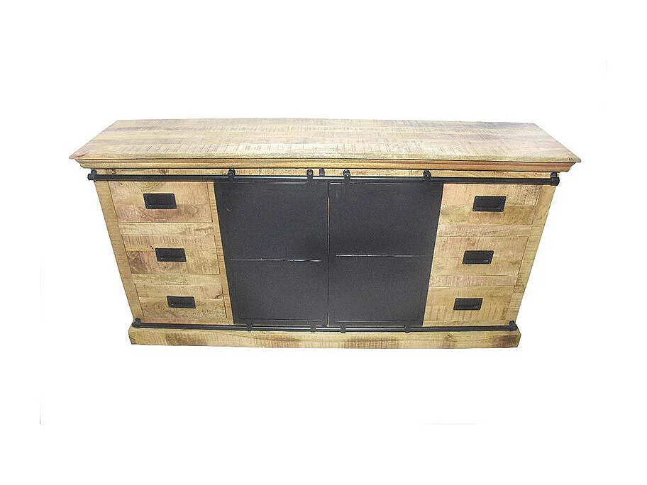 Buffet 2 portes coulissantes 6 tiroirs Dehli manguier et métal