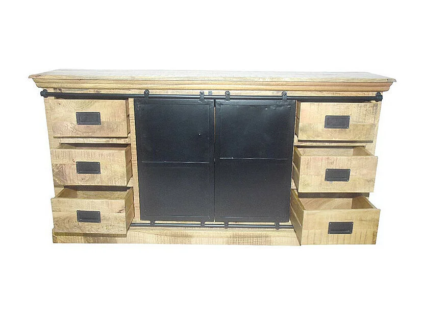 Buffet 2 portes coulissantes 6 tiroirs Dehli manguier et métal