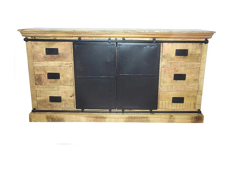 Buffet 2 portes coulissantes 6 tiroirs Dehli manguier et métal