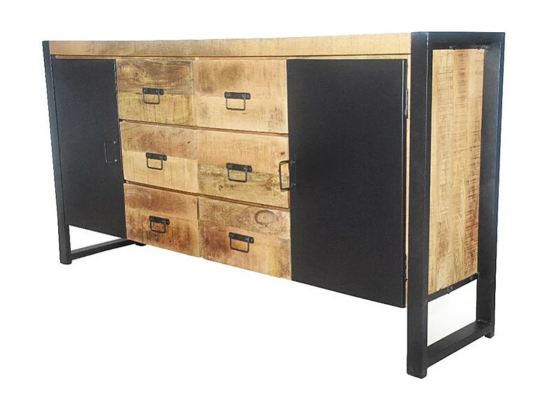 Buffet 2 portes métal 6 tiroirs Chennai manguier et métal