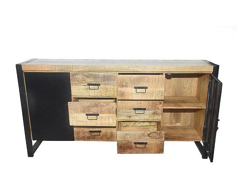 Buffet 2 portes métal 6 tiroirs Chennai manguier et métal