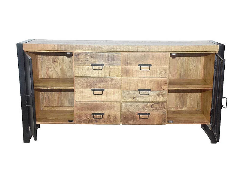 Buffet 2 portes métal 6 tiroirs Chennai manguier et métal