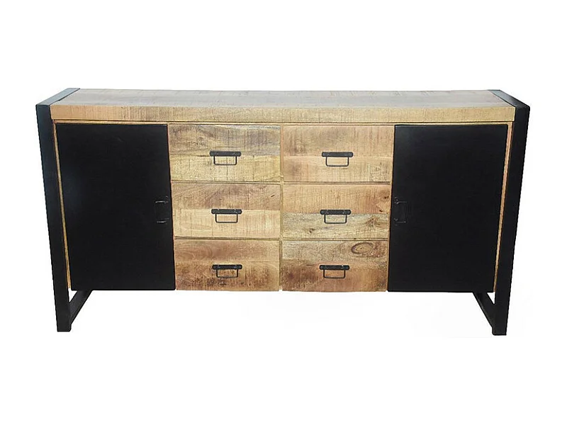 Buffet 2 portes métal 6 tiroirs Chennai manguier et métal