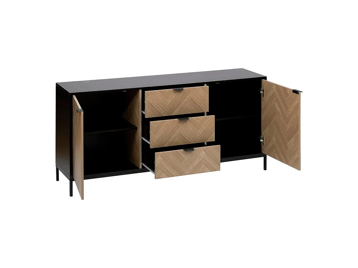 Buffet 2 Portes & 3 Tiroirs "Chevrons" 160cm Naturel & Noir