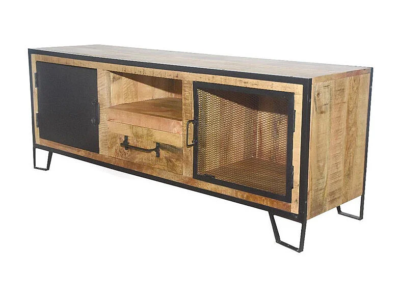 Meuble TV 2 portes 1 tiroir Manille manguier et métal