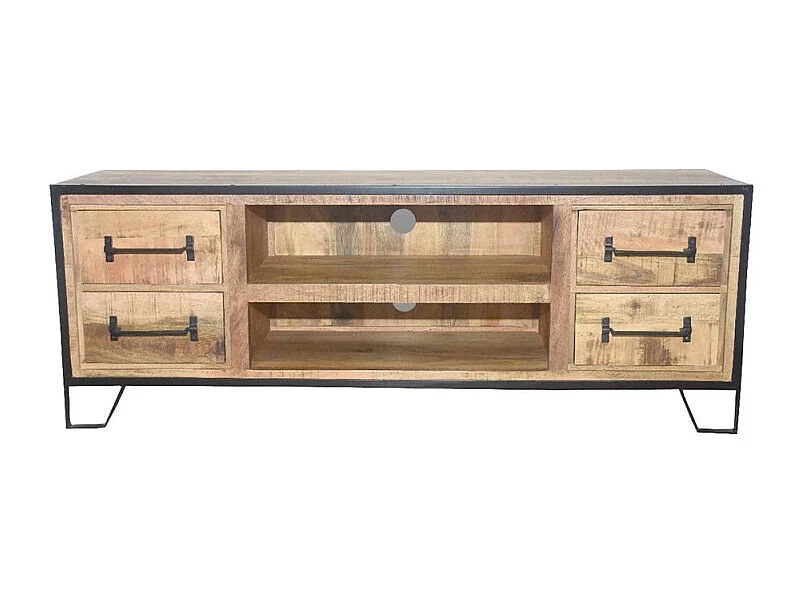 Meuble TV 4 tiroirs 2 niches Astana manguier et métal