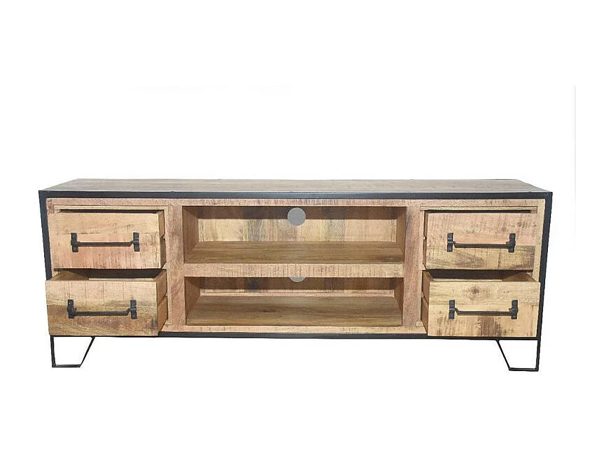 Meuble TV 4 tiroirs 2 niches Astana manguier et métal