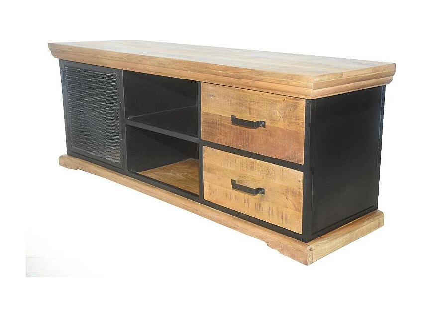 Meuble TV 1 porte grillage 2 tiroirs Agra manguier et métal