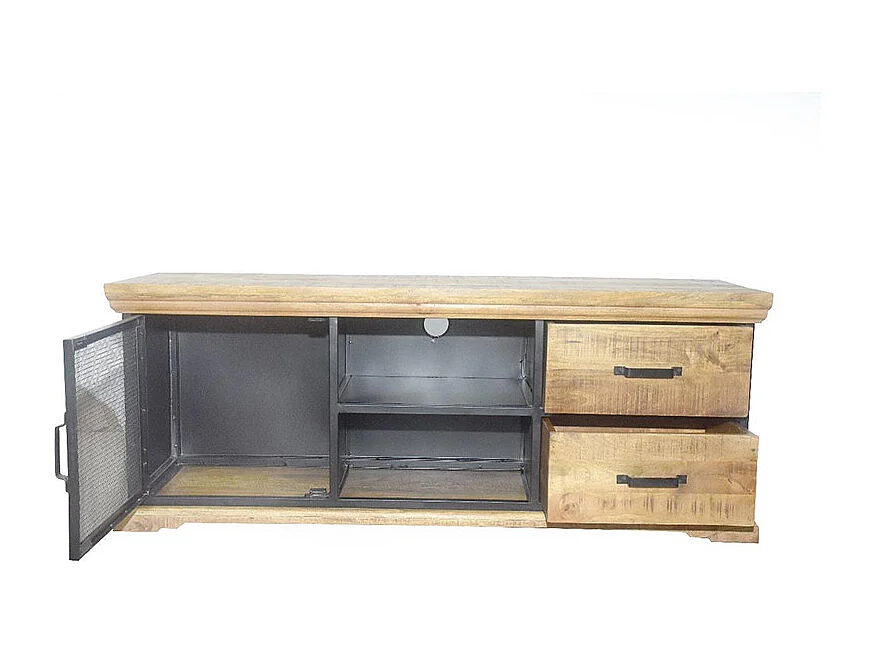 Meuble TV 1 porte grillage 2 tiroirs Agra manguier et métal