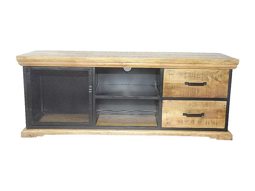 Meuble TV 1 porte grillage 2 tiroirs Agra manguier et métal