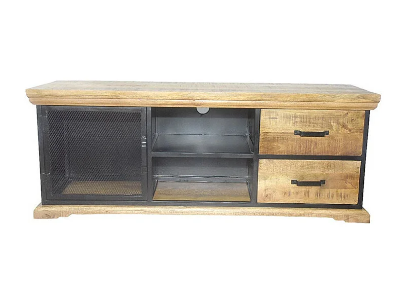 Meuble TV 1 porte grillage 2 tiroirs Agra manguier et métal