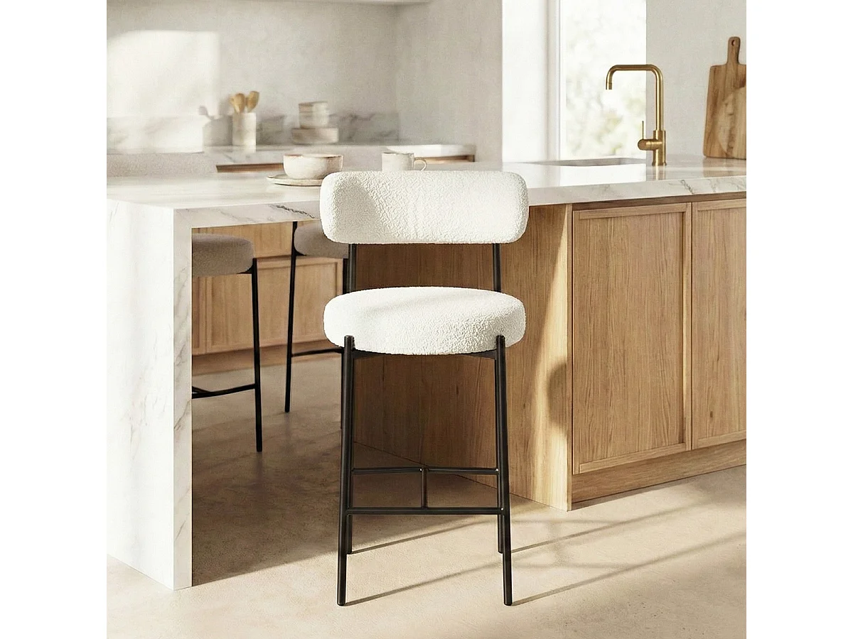 Lot de 2 tabourets de bar en tissu bouclé beige - Evora