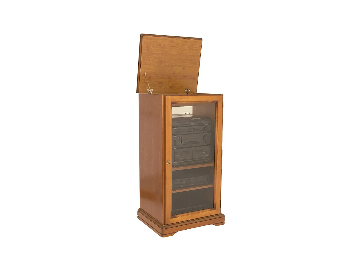 Rack Hifi Merisier 1 Porte Vitrée Dessus Relevable 5 Niches L 57 H 107 P 46.5 cm