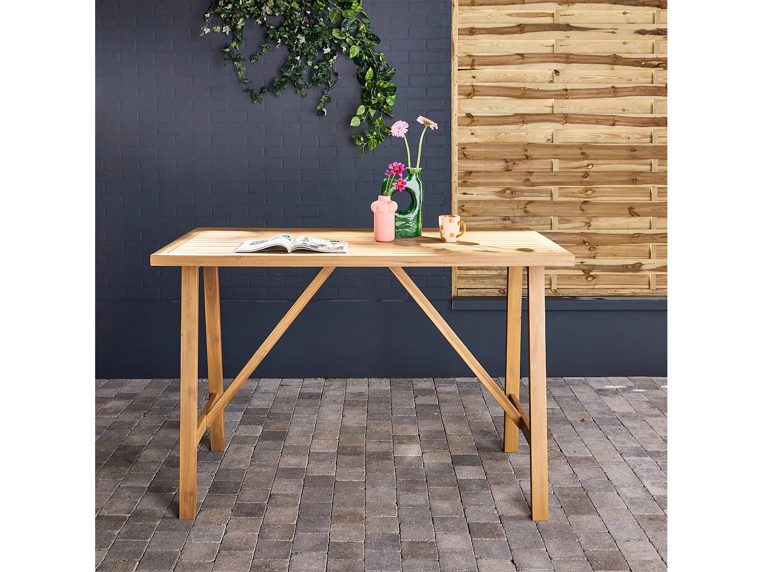 Tavolo alto da giardino in legno di acacia 4 posti, marrone naturale