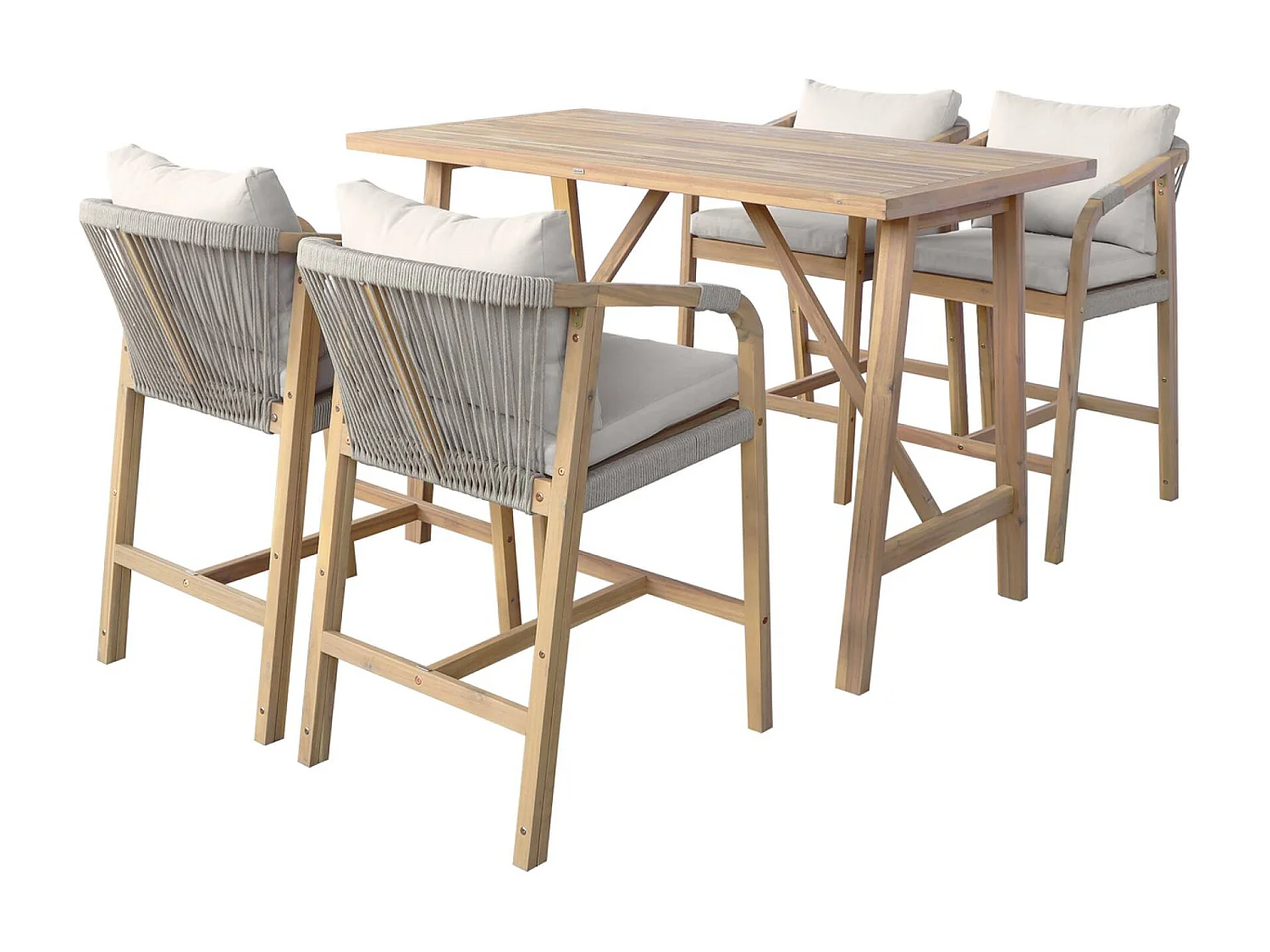 Tavolo da giardino alto in legno di acacia + 4 poltrone, marrone