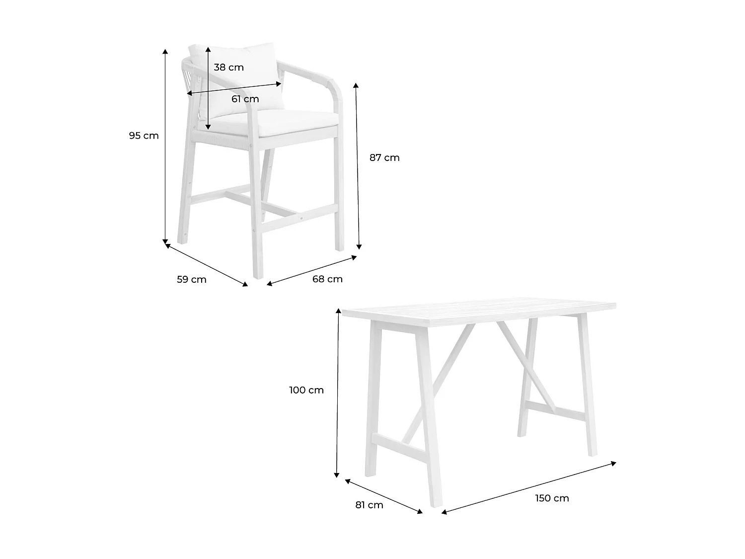 Tavolo da giardino alto in legno di acacia + 4 poltrone, marrone