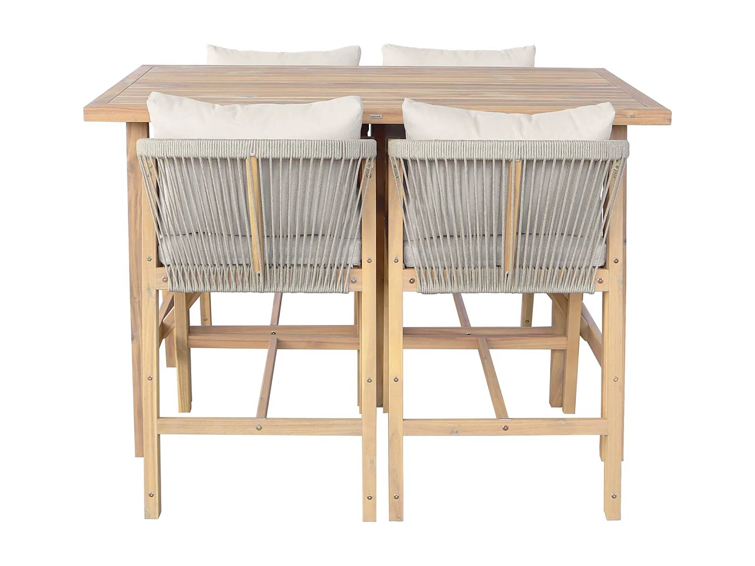 Tavolo da giardino alto in legno di acacia + 4 poltrone, marrone