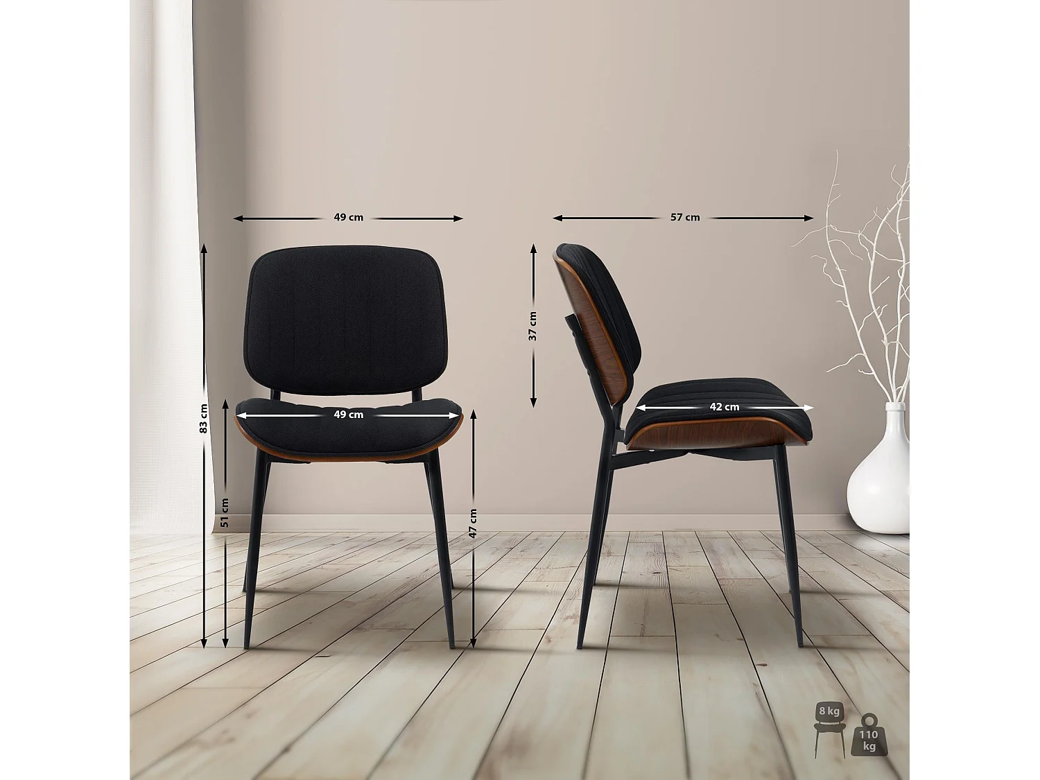 chaise salle à manger - Tissu - Noyer / Noir - Tiffin