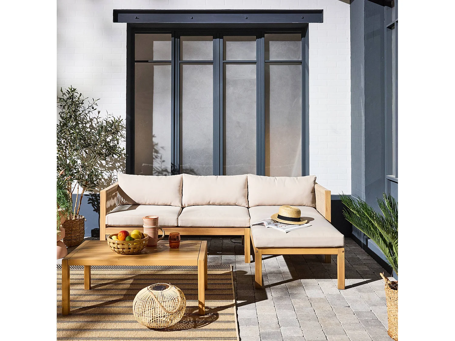 Set da giardino angolare in legno di acacia e corda per 4 persone,