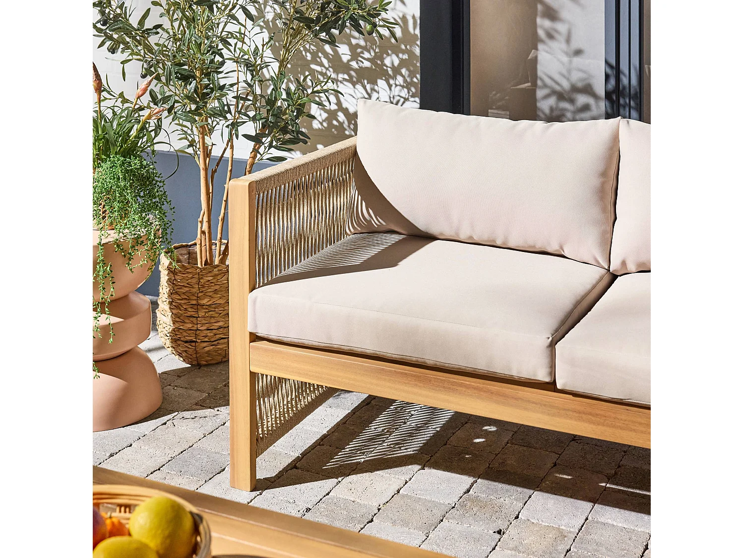 Set da giardino angolare in legno di acacia e corda per 4 persone,