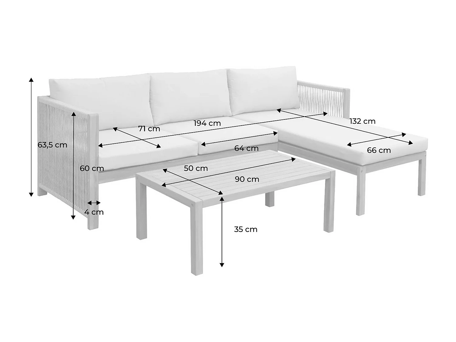 Set da giardino angolare in legno di acacia e corda per 4 persone,