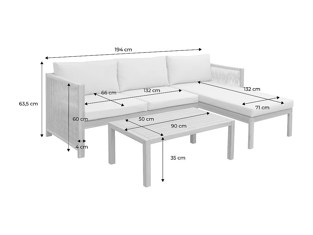 Set da giardino angolare in legno di acacia e corda per 4 persone,