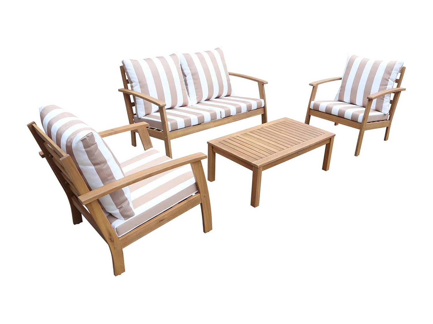 Salon de jardin en bois 4 places - Ushuaïa - Coussins beige. canapé. fauteuils et table basse en acacia. design