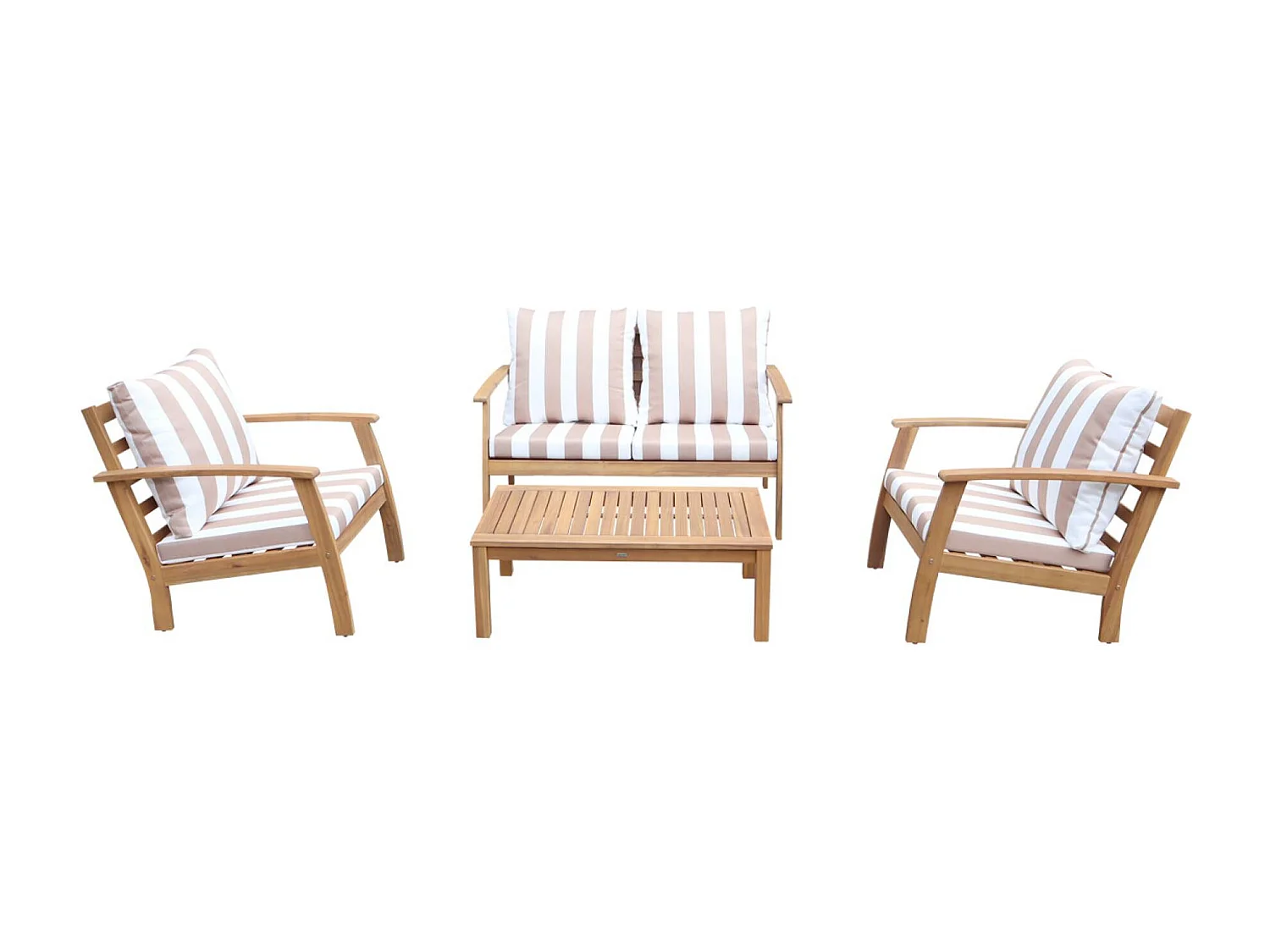 Salon de jardin en bois 4 places - Ushuaïa - Coussins beige. canapé. fauteuils et table basse en acacia. design