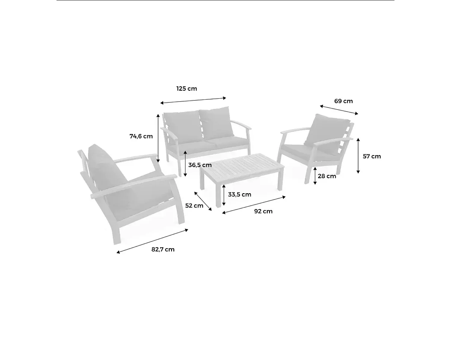 Salon de jardin en bois 4 places - Ushuaïa - Coussins beige. canapé. fauteuils et table basse en acacia. design