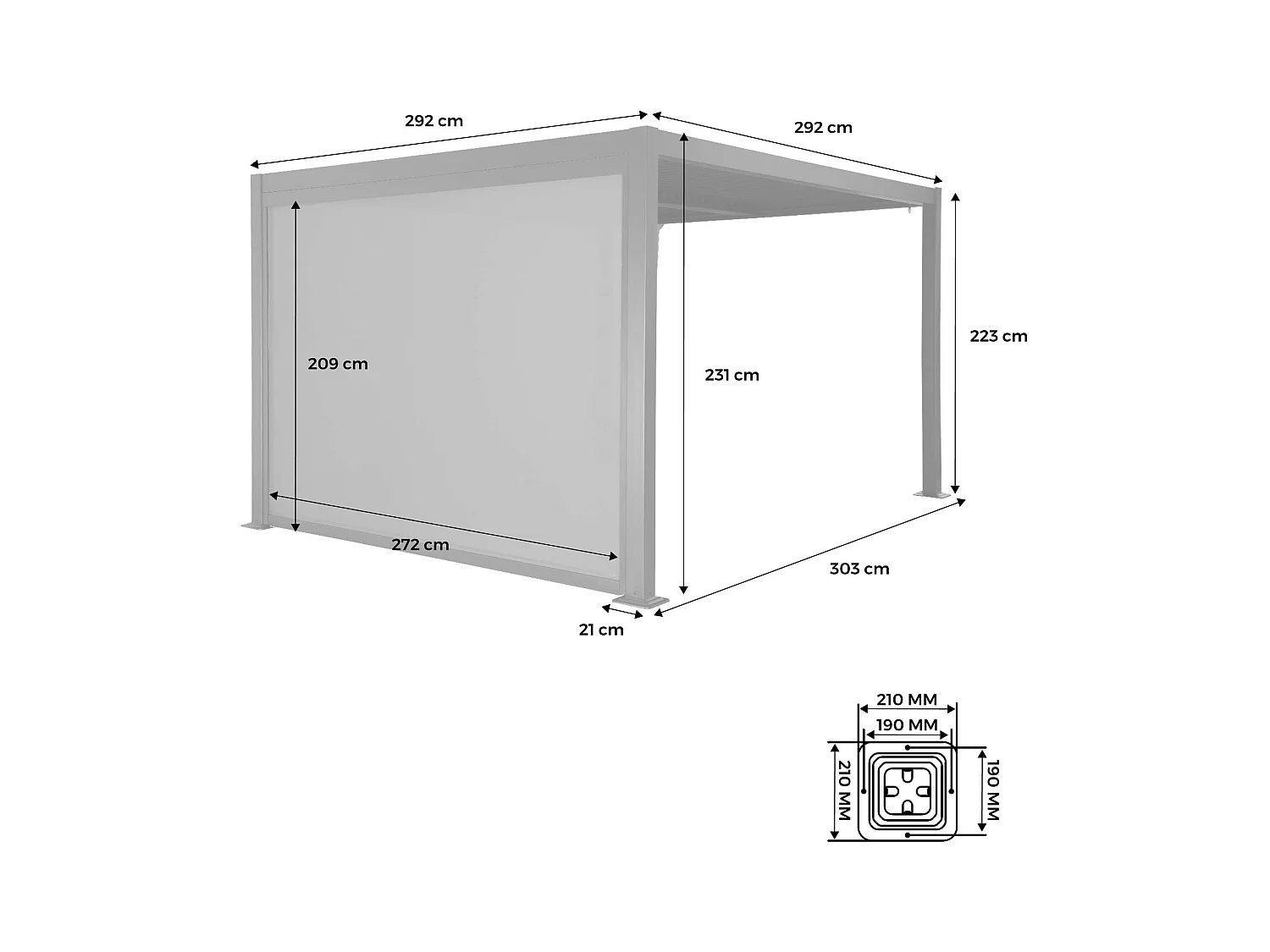 Pergola bioclimática 3x3m de aluminio y acero + 1 toldo de 3m
