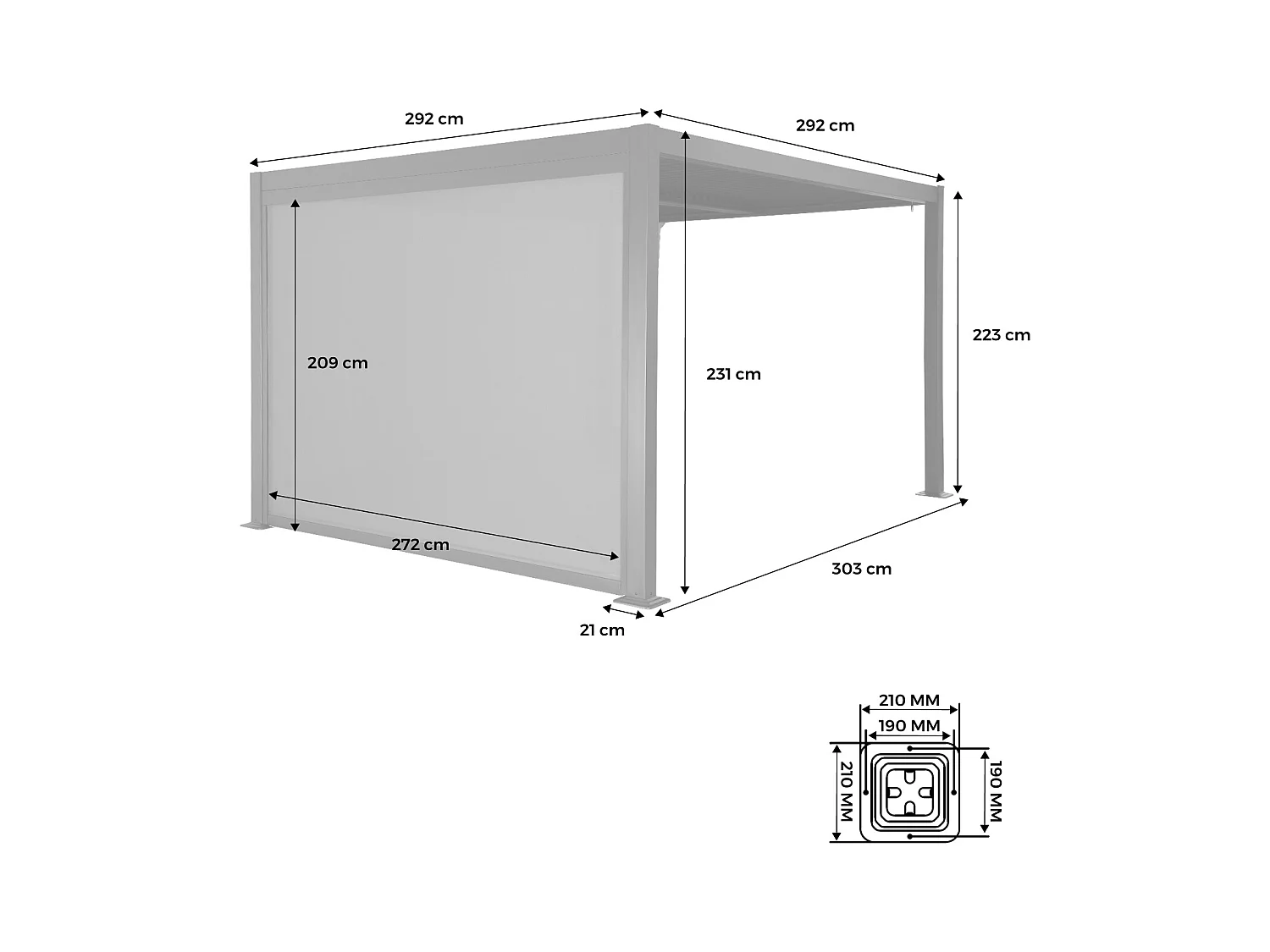 Pergola bioclimática 3x3m de aluminio y acero + 1 toldo de 3m