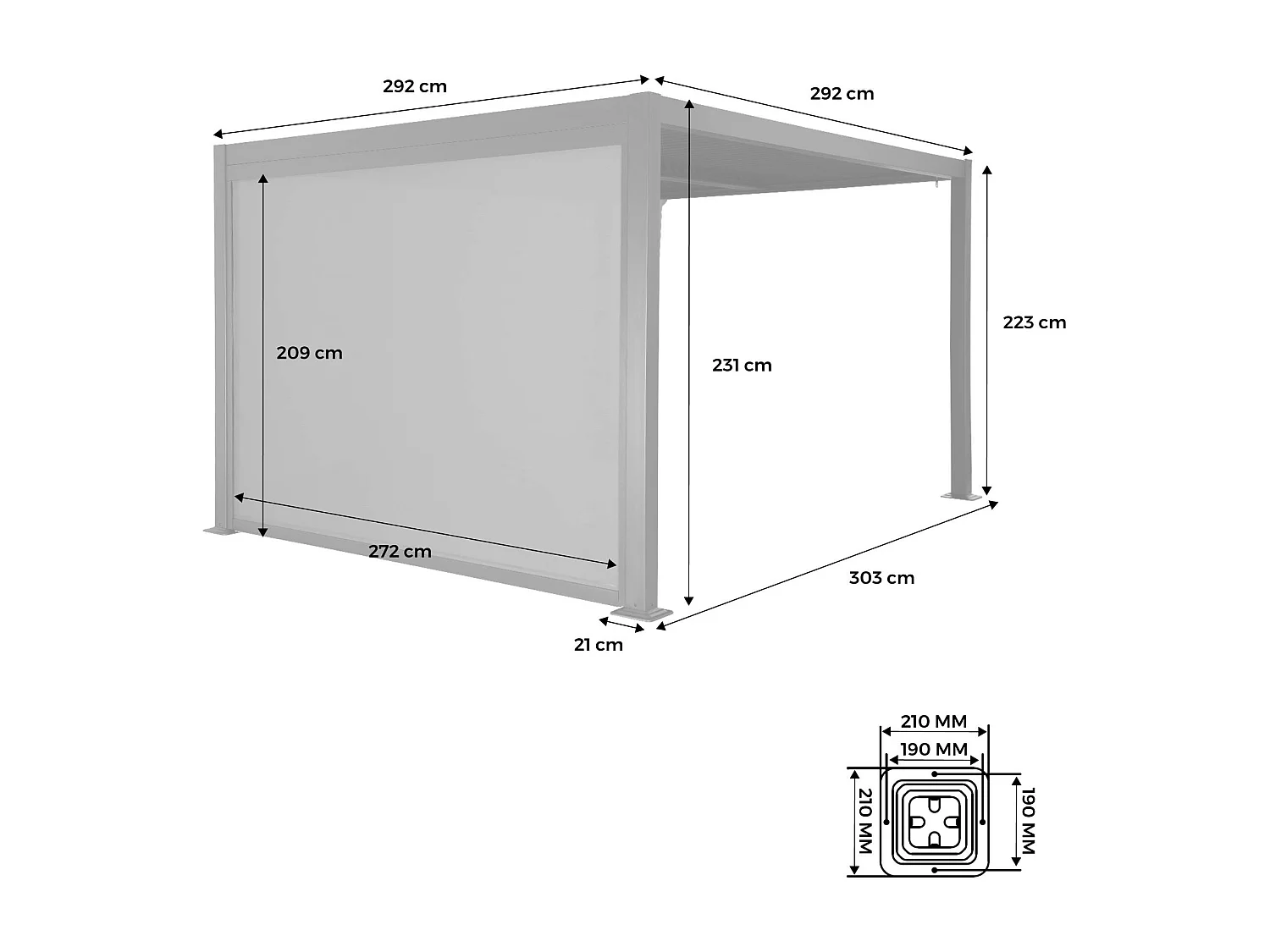 Pergola bioclimatica 3x3m in alluminio e acciaio + tenda 3m, antracite