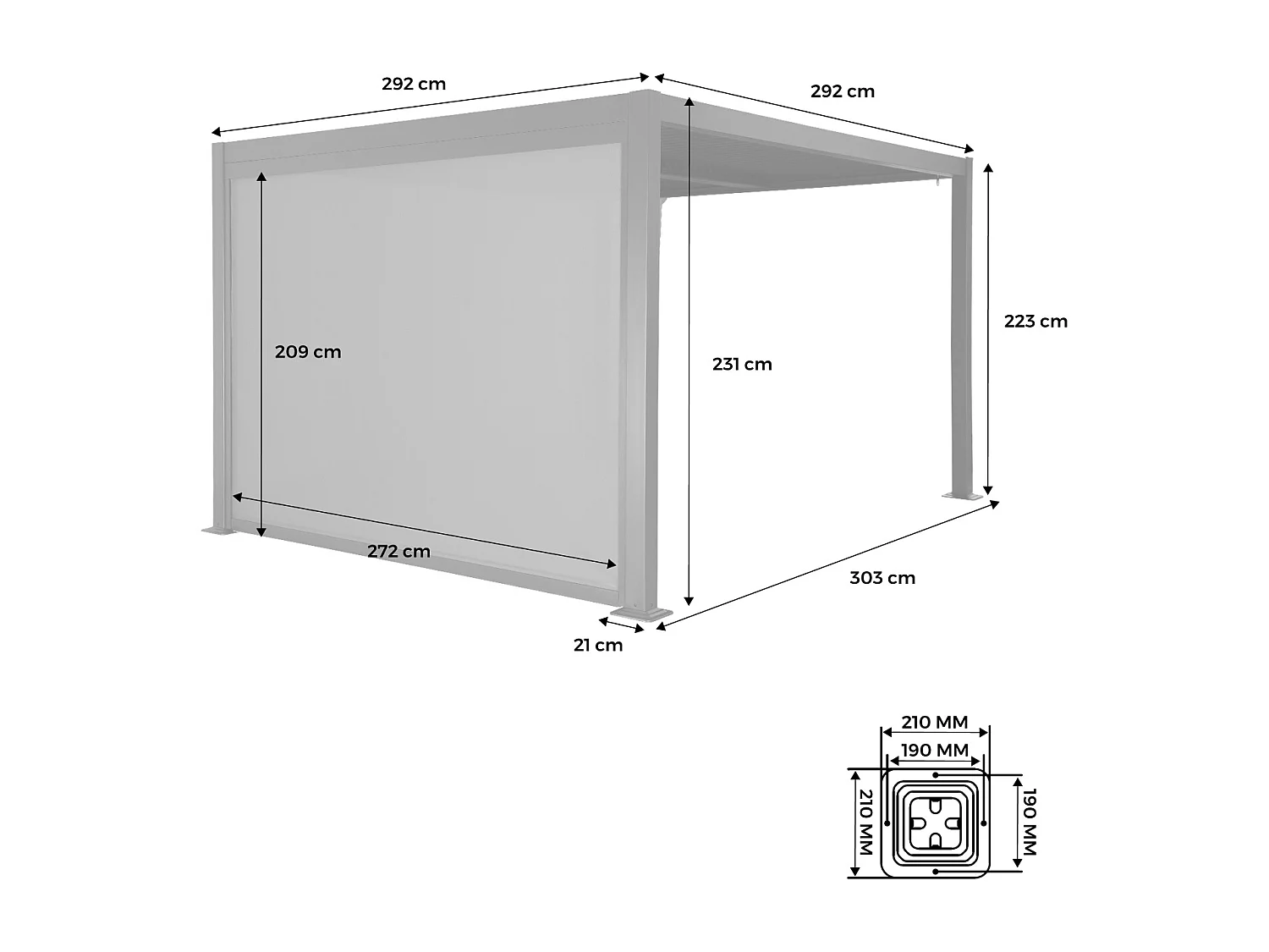 Pergola bioclimatica 3x3m in alluminio e acciaio + tenda 3m, antracite