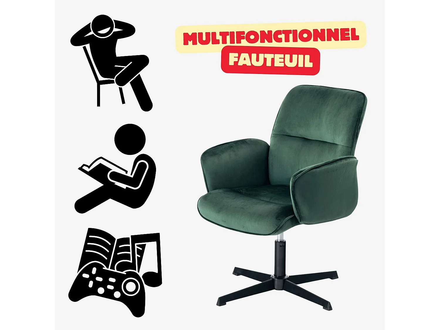 URBAN MEUBLE Fauteuil de bureau ergonomique pivotante avec accoudoirs en velours sapin vert