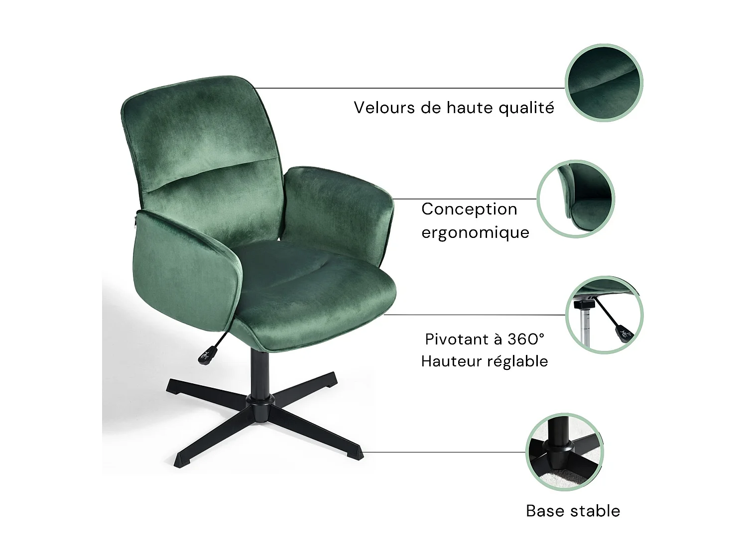 URBAN MEUBLE Fauteuil de bureau ergonomique pivotante avec accoudoirs en velours sapin vert