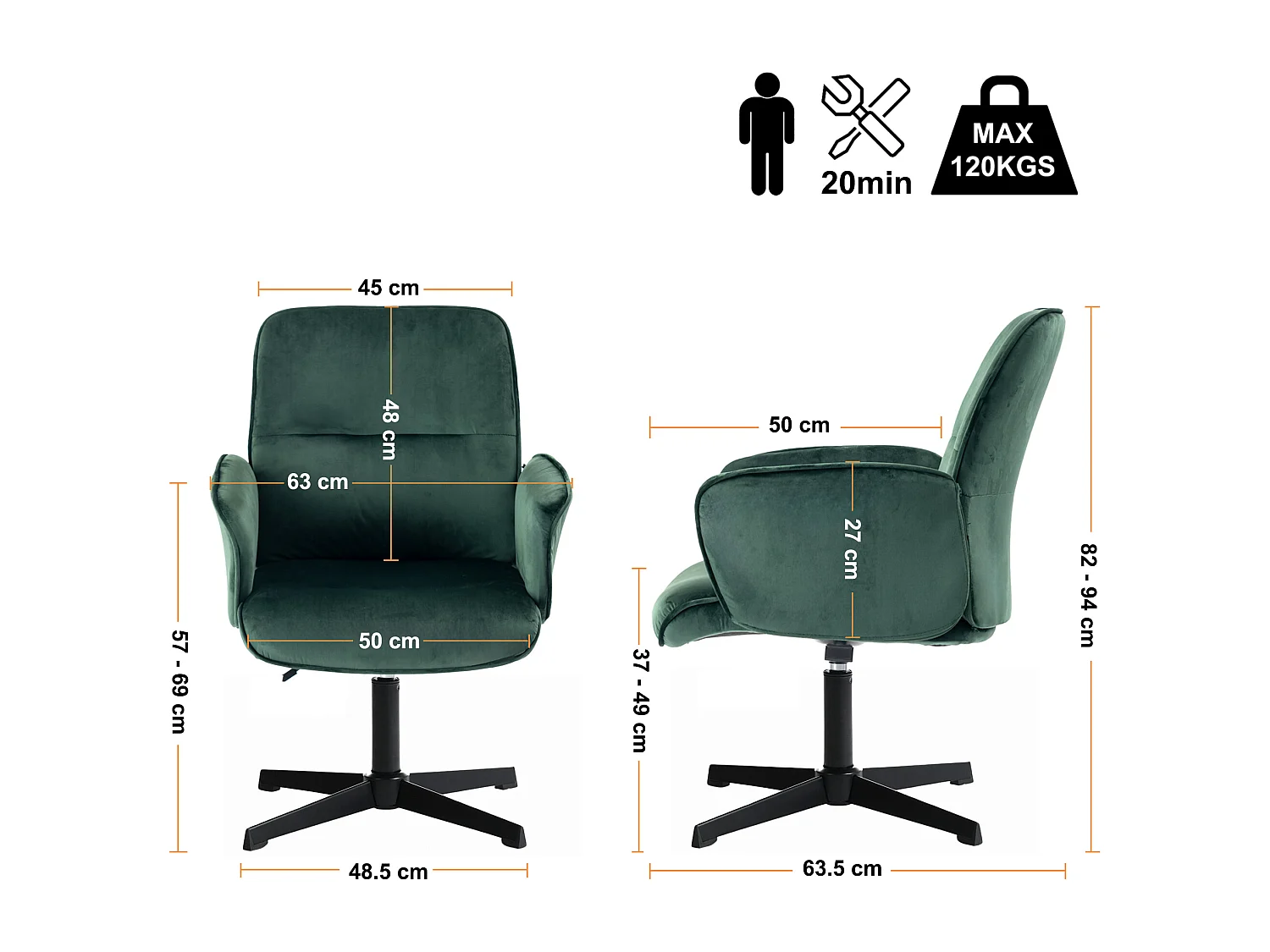 URBAN MEUBLE Fauteuil de bureau ergonomique pivotante avec accoudoirs en velours sapin vert