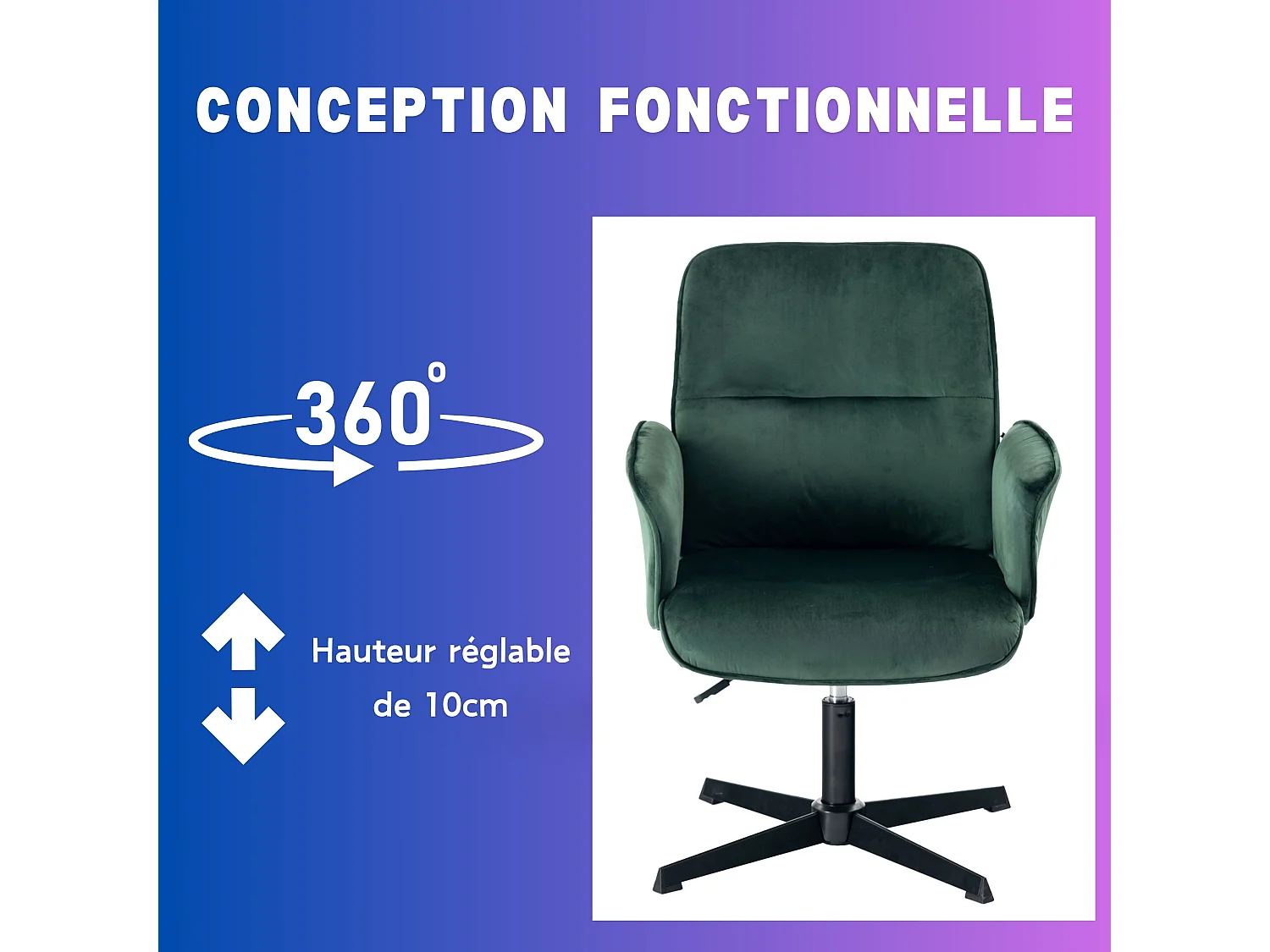 URBAN MEUBLE Fauteuil de bureau ergonomique pivotante avec accoudoirs en velours sapin vert