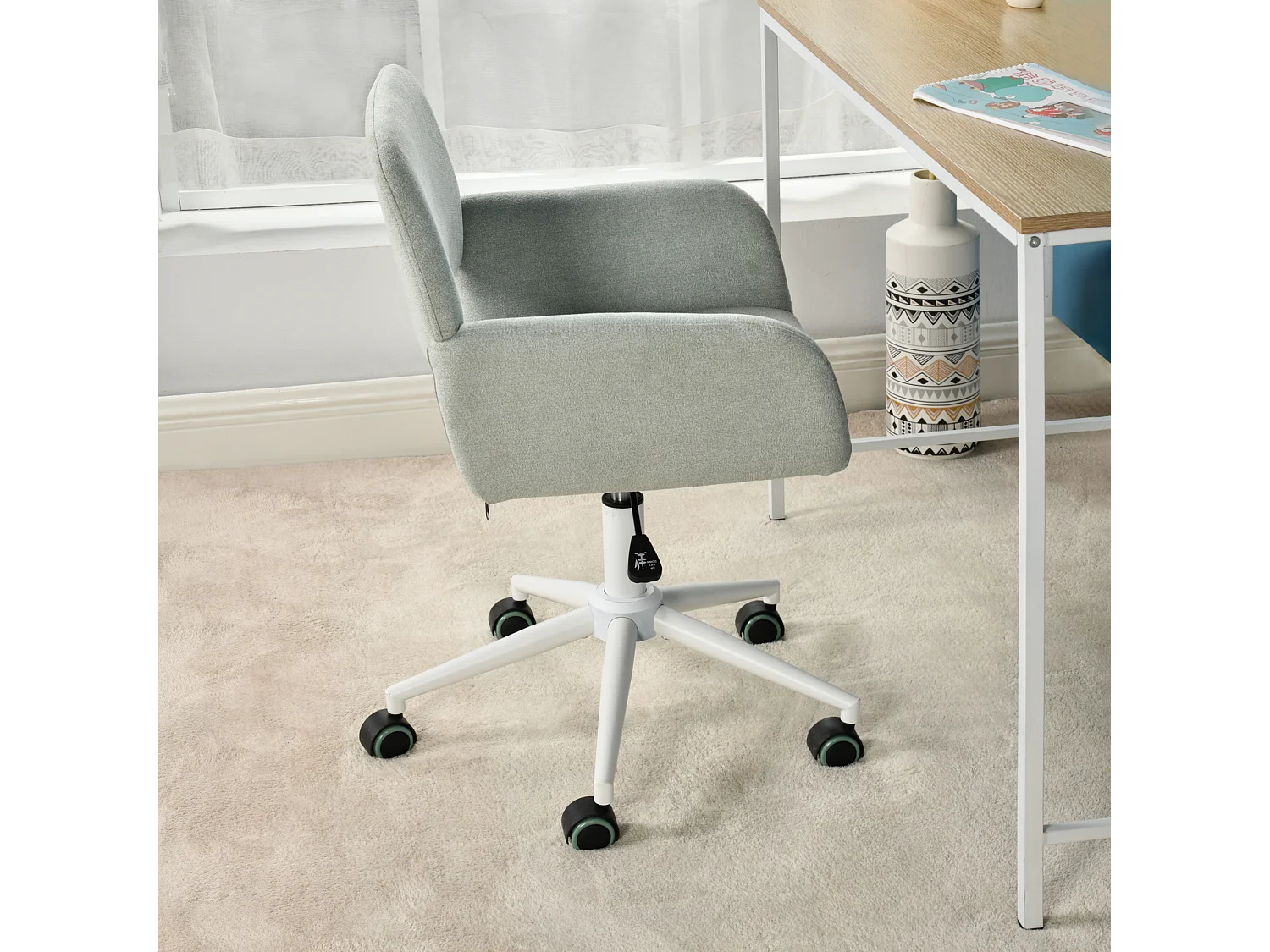 URBAN MEUBLE Chaise de bureau tissu vert pâle, réglable en hauteur, rotation à 360°