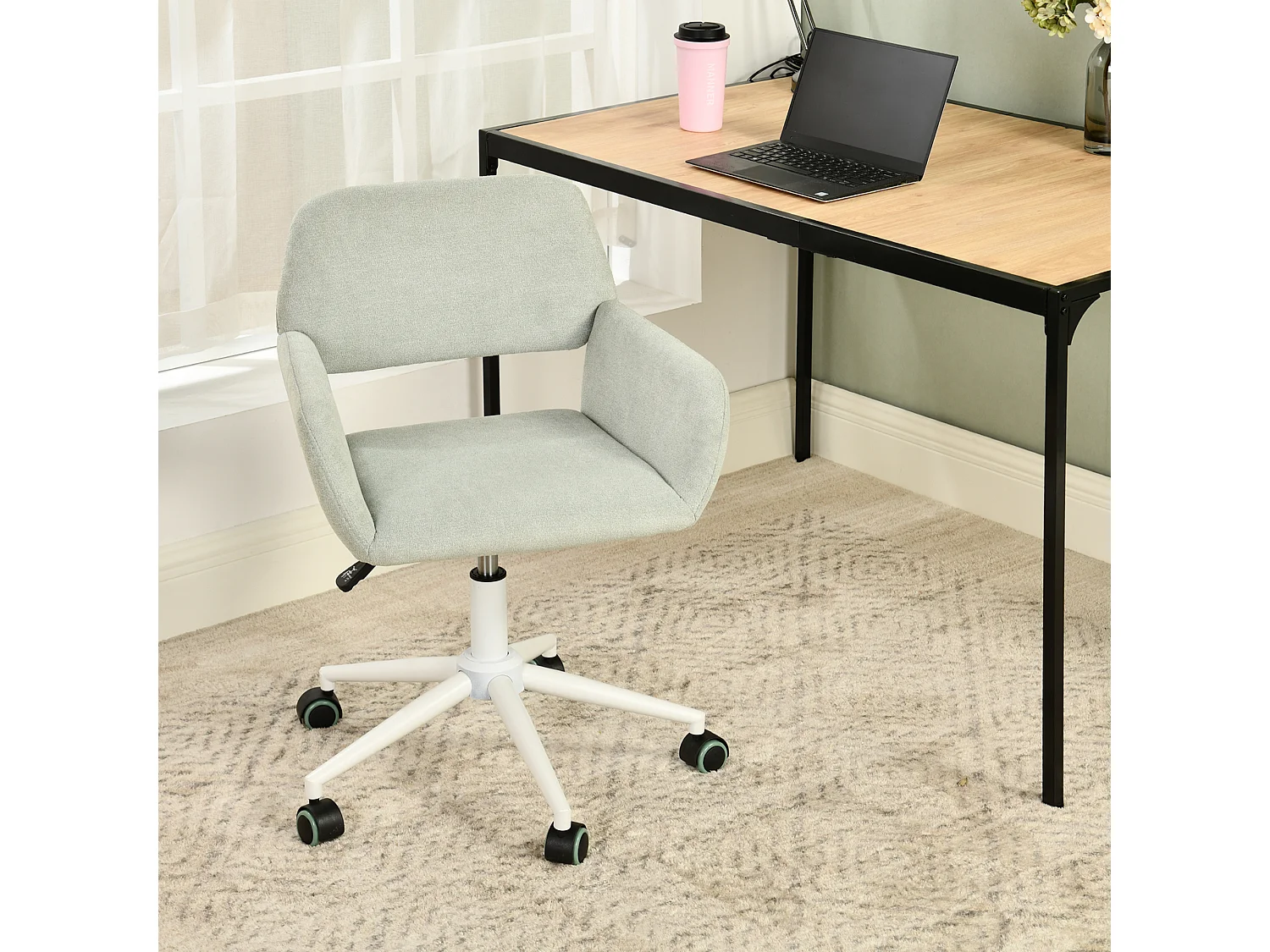 URBAN MEUBLE Chaise de bureau tissu vert pâle, réglable en hauteur, rotation à 360°