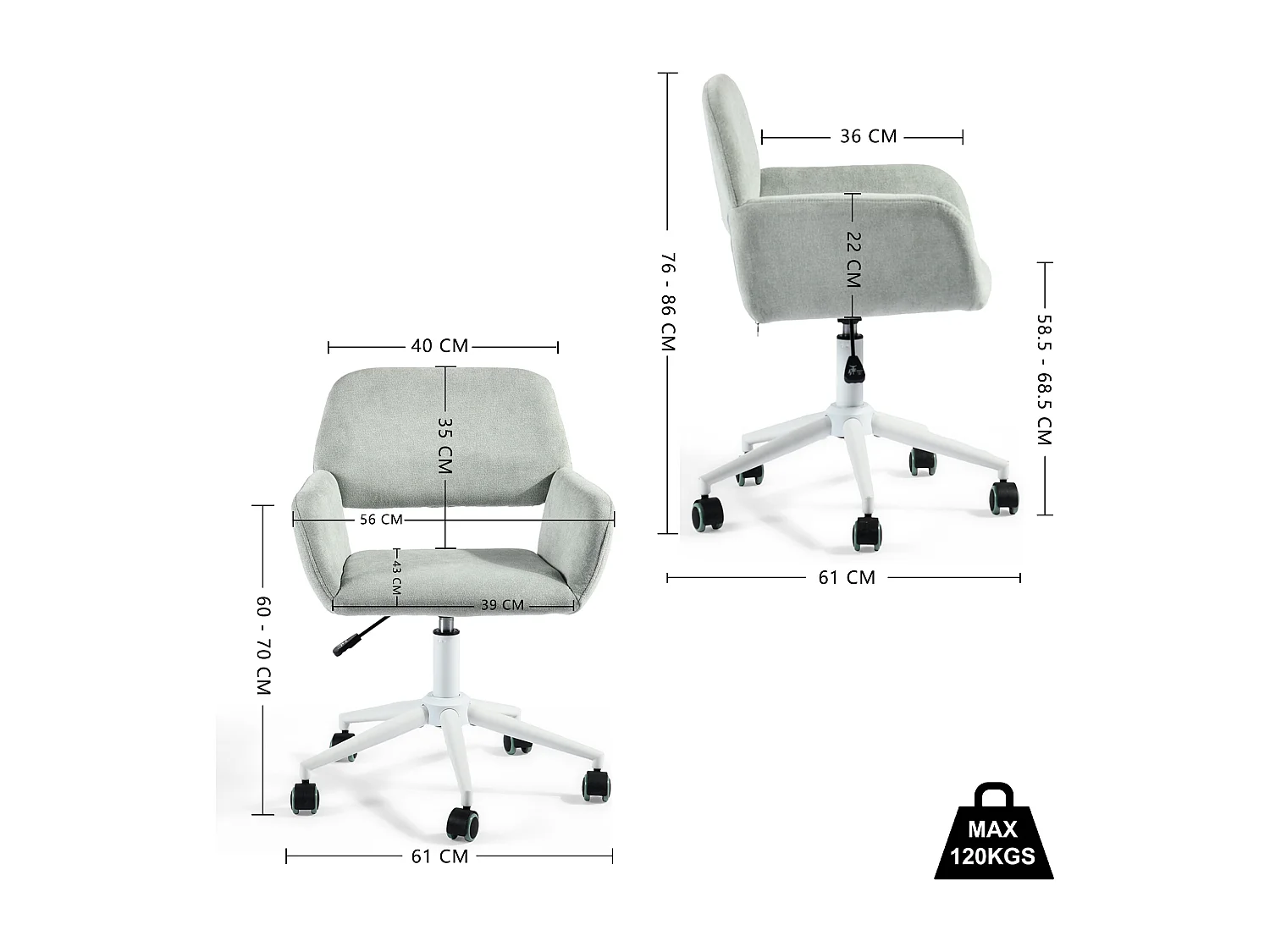 URBAN MEUBLE Chaise de bureau tissu vert pâle, réglable en hauteur, rotation à 360°