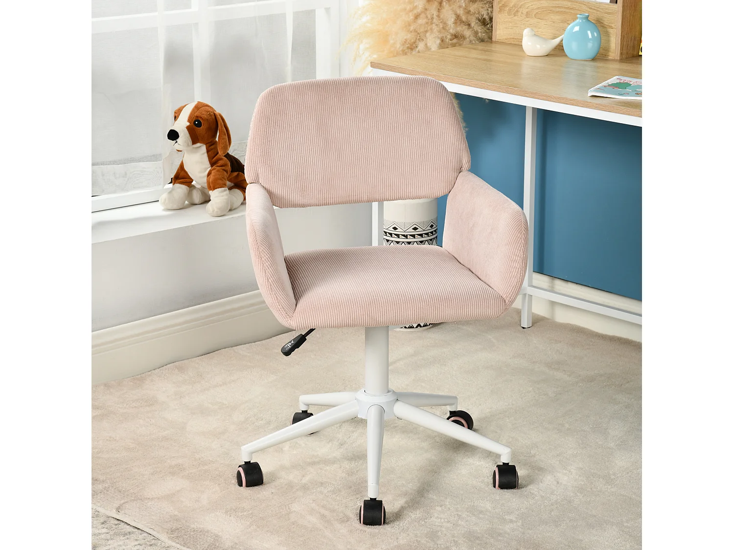 URBAN MEUBLE Chaise de bureau en velours côtelé rose, réglable en hauteur, rotation à 360°